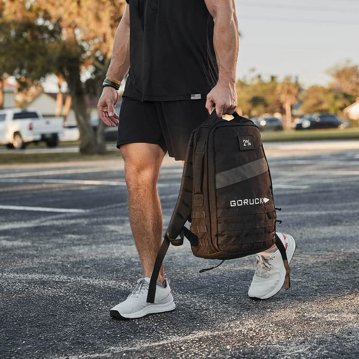 Man in athletic wear carrying a GORUCK backpack outdoors, curated men's lifestyle gear