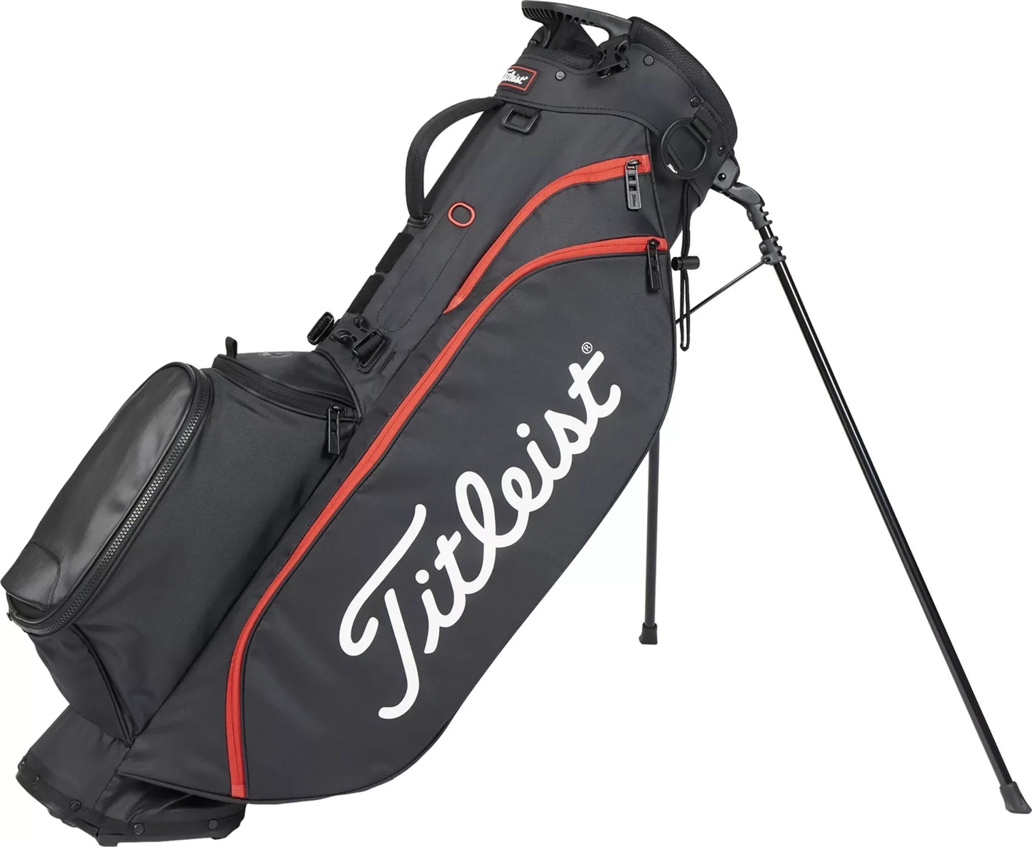Titleist black and red golf stand bag for men, sporty design, angled on stand