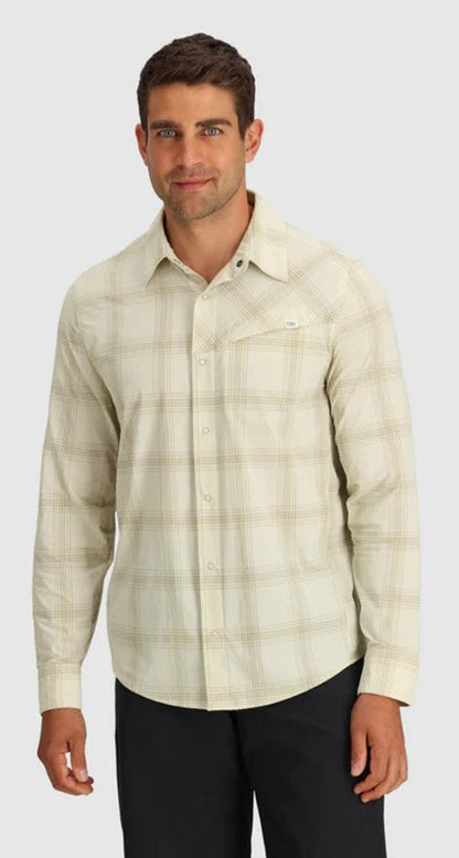 Outdoor Research Astroman Button Long Sleeve UPF 30 Sun Shirt 'Oyster Plaid'