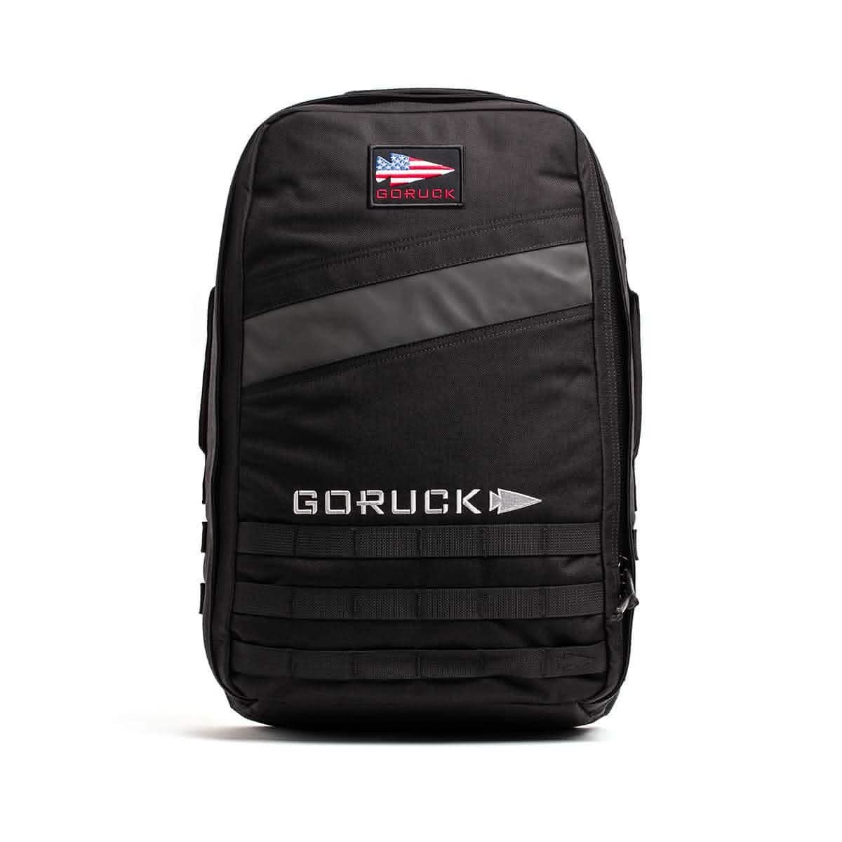 GORUCK black tactical rucksack backpack with USA flag patch, durable and versatile for men