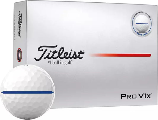 Titleist Pro V1x golf ball box with white golf ball and blue alignment line