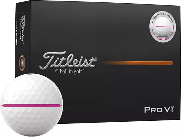 Titleist Pro V1 golf ball with pink line and black box, men's lifestyle accessory