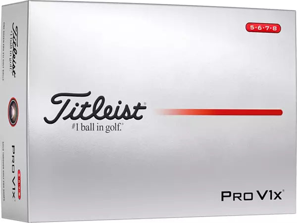Titleist Pro V1x golf balls box in white packaging with branding and red accent, men's sports gear