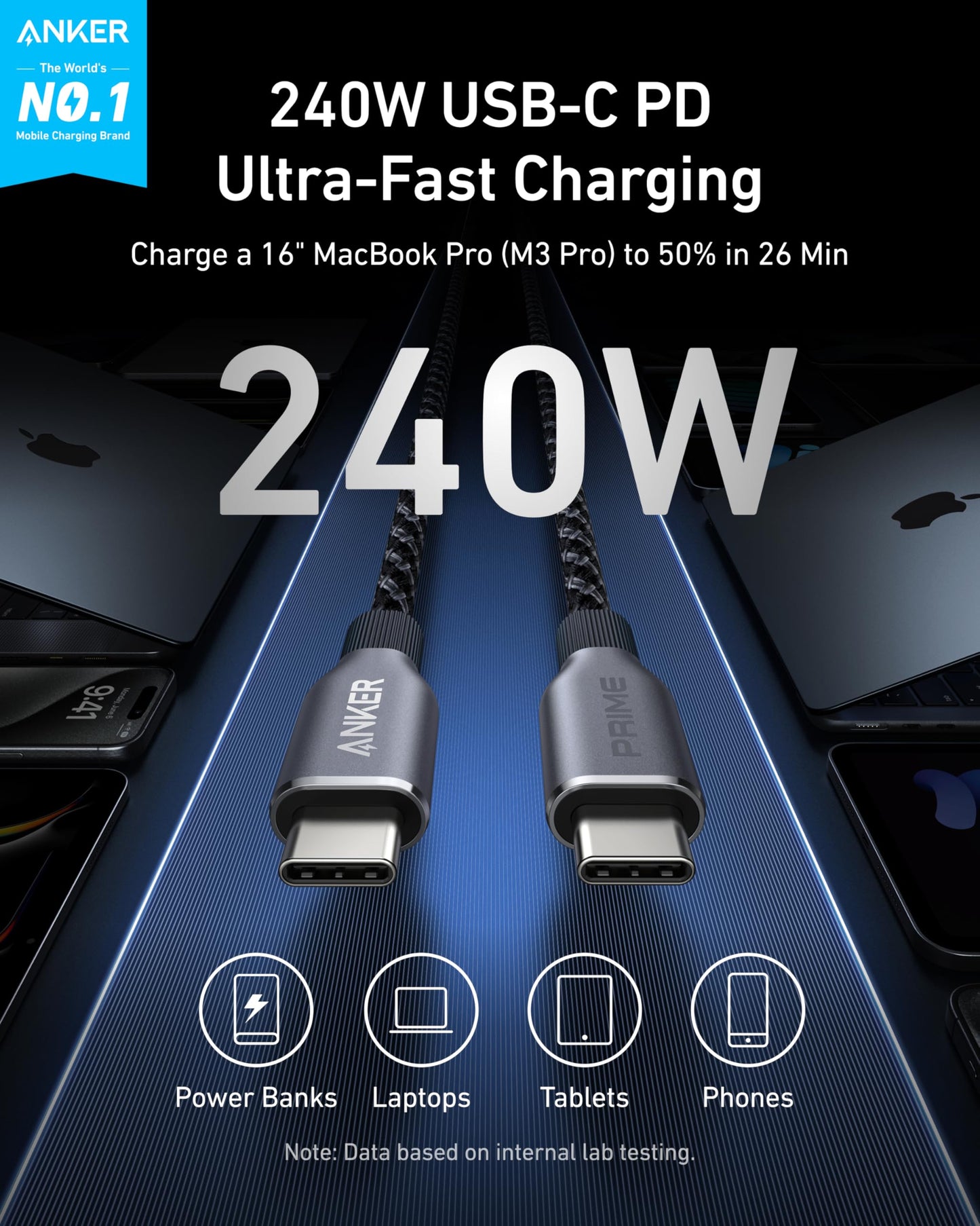 Anker Prime USB-C to USB-C Cable (240W, Upcycled-Braided) - Mann