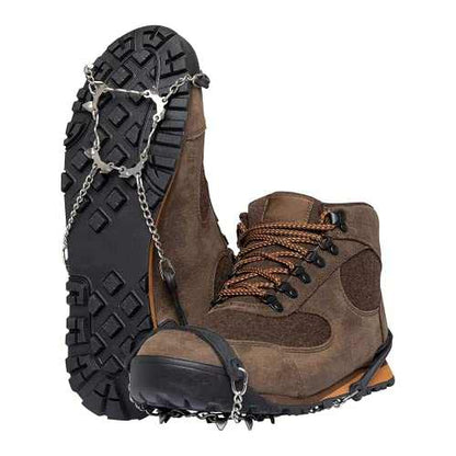Yatta Life Urban Spikes attached to brown winter hiking boots for enhanced traction on ice and snow.