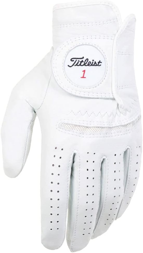 Titleist white men's golf glove with ventilation holes, showcased for men's lifestyle
