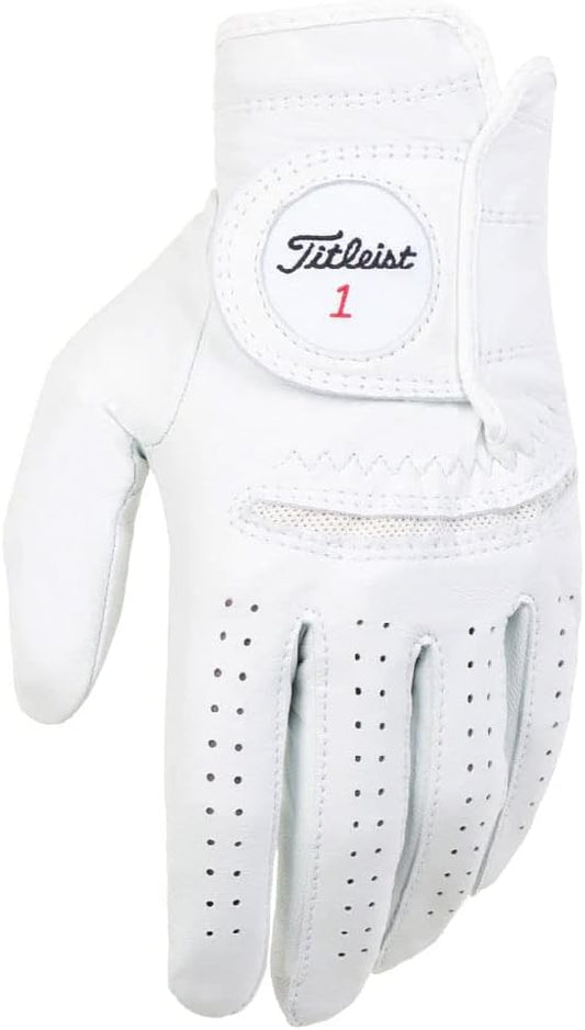 Titleist white men's golf glove with ventilation holes, showcased for men's lifestyle