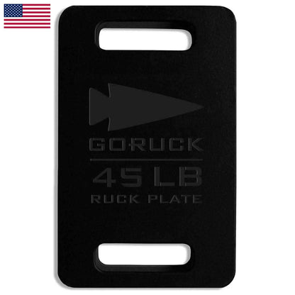 Goruck 45 lb ruck plate, black steel weight with handles, American flag in corner