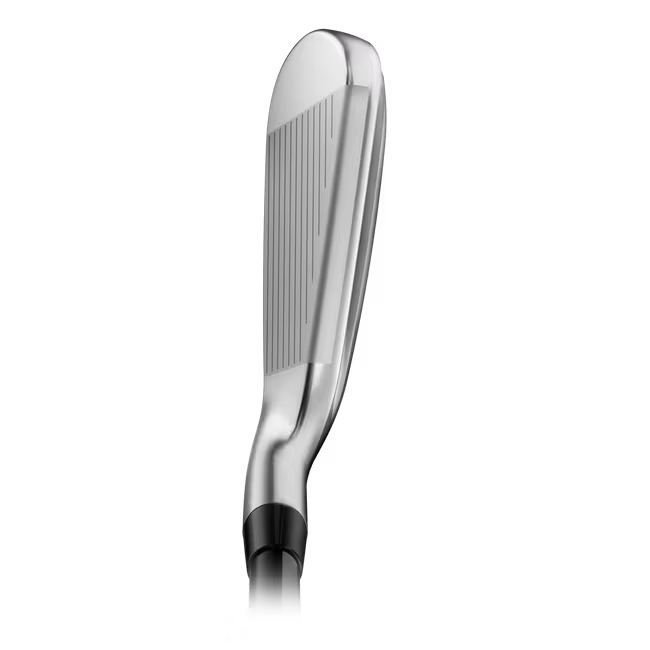 Sleek silver golf club iron with black shaft, men's lifestyle product on white background