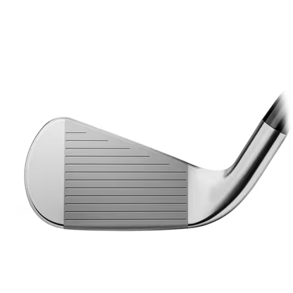 Stainless steel golf iron club close-up on white background, men's golf gear