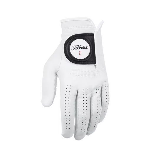 White Titleist golf glove for men with black trim, displayed on a plain background