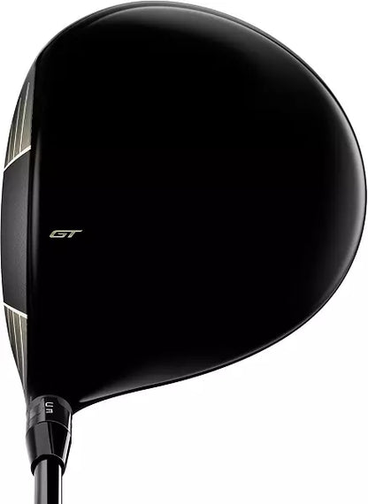 Top view of a black golf driver club with GT logo, men's golf equipment on white background