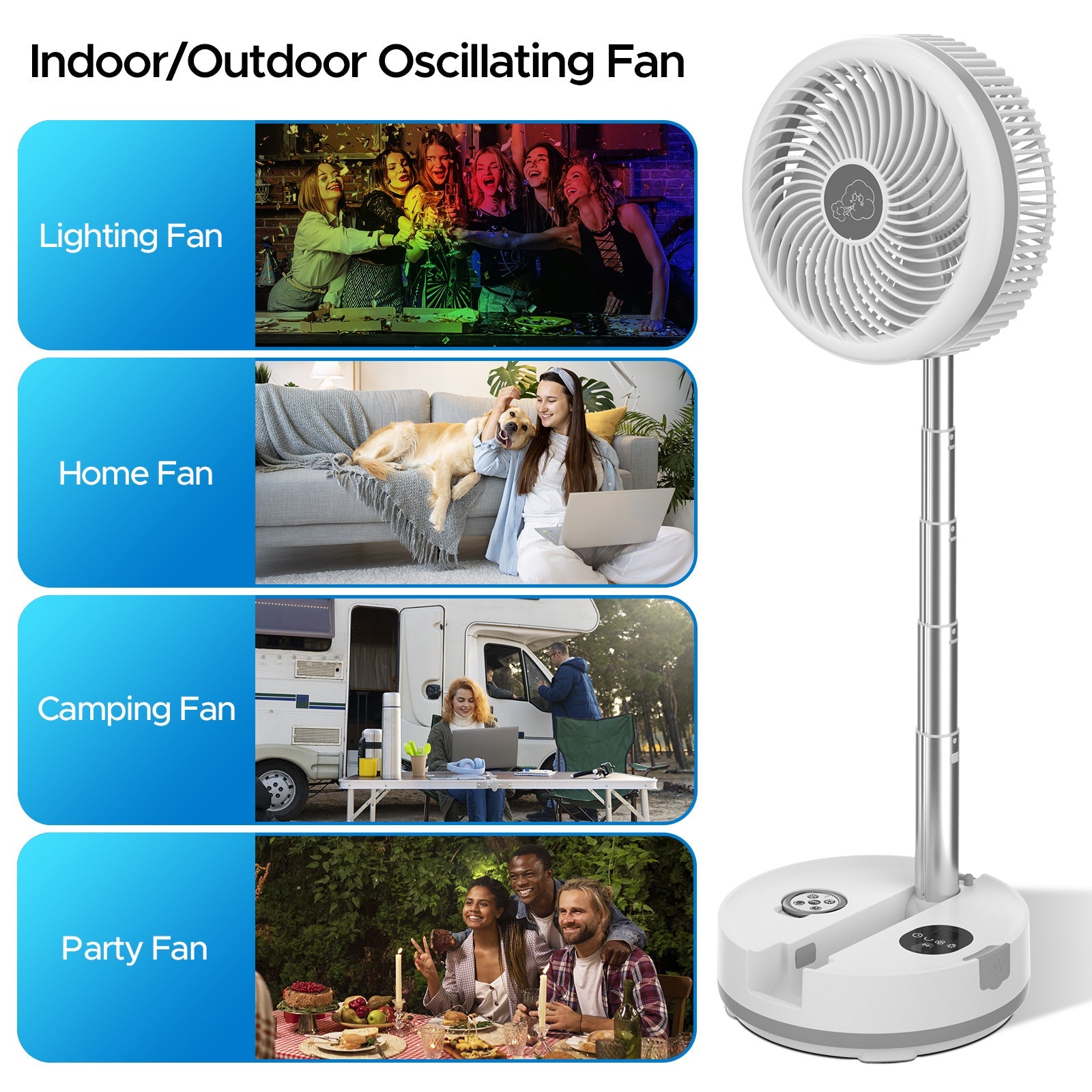 CRST Neofeel Portable Oscillating Standing Fan, 40000mAh Rechargeable Battery Operated Fan with Remote/Timer, RGB Lighting Fan, Pedestal Floor Fan for Bedroom Party Camping (White, 40000mAh) - Mann
