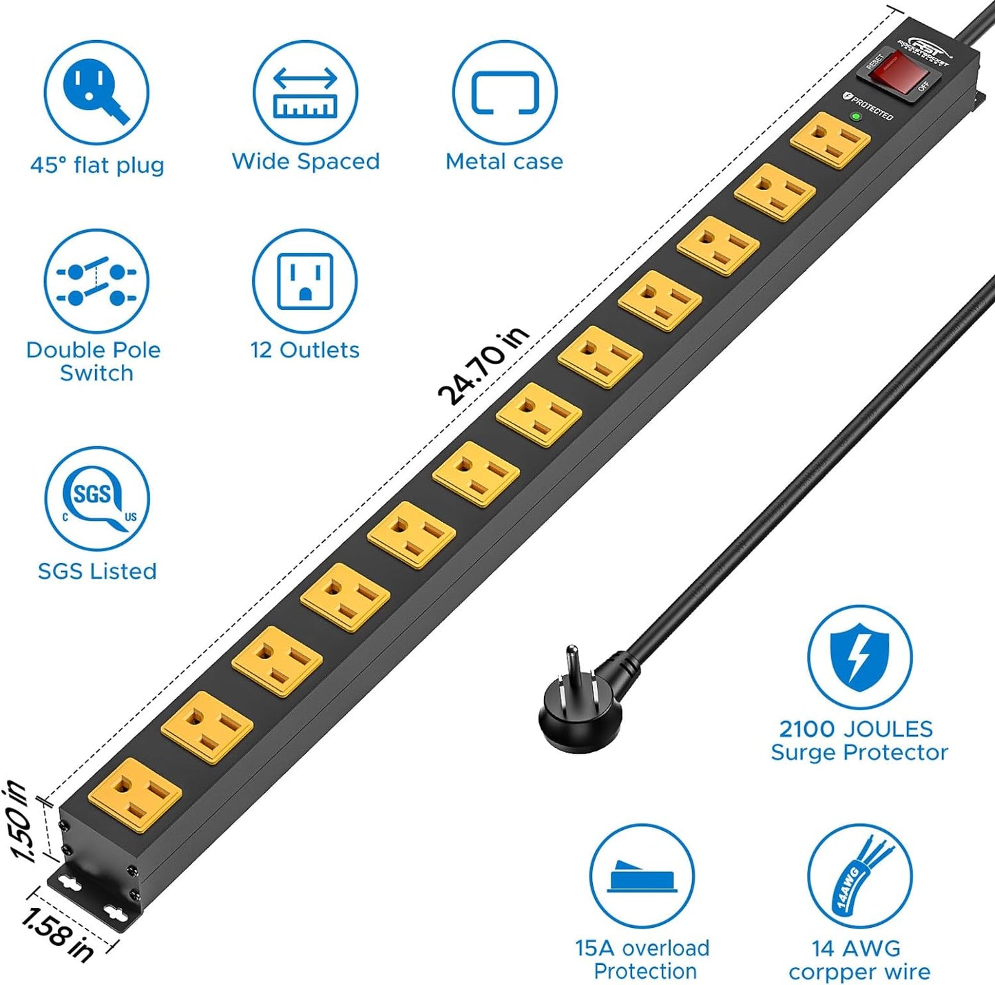 CRST 12 Outlets 2100 Joules Heavy Duty Metal Power Strip Surge Protector, 6FT Extension Power Cord, 15A Circuit Breaker, Mountable - Mann