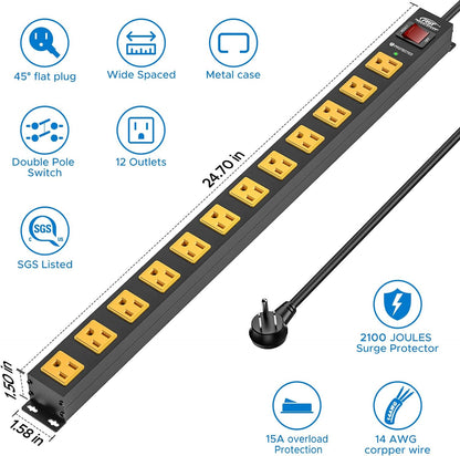 CRST 12 Outlets 2100 Joules Heavy Duty Metal Power Strip Surge Protector, 6FT Extension Power Cord, 15A Circuit Breaker, Mountable - Mann