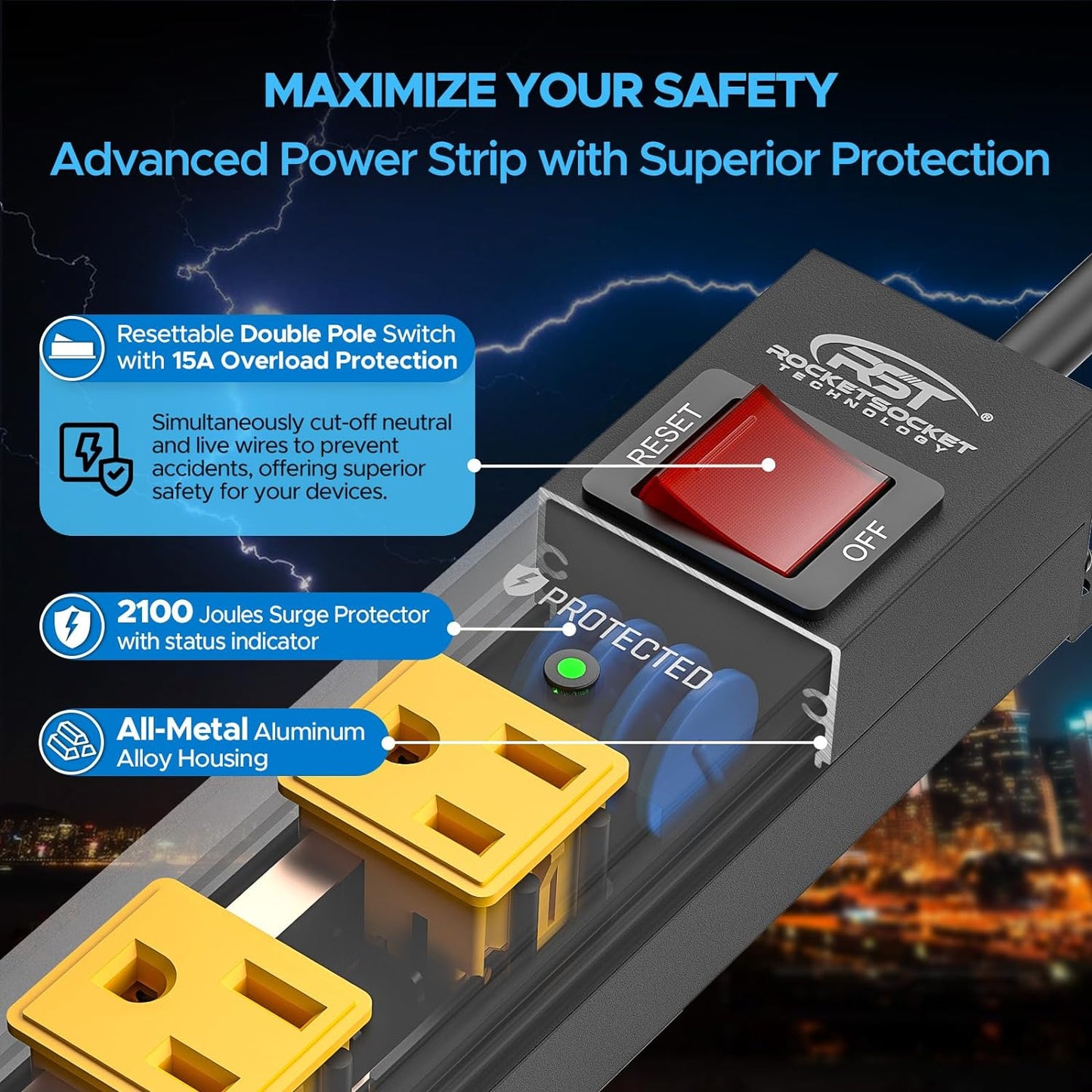 CRST 12 Outlets 2100 Joules Heavy Duty Metal Power Strip Surge Protector, 6FT Extension Power Cord, 15A Circuit Breaker, Mountable - Mann
