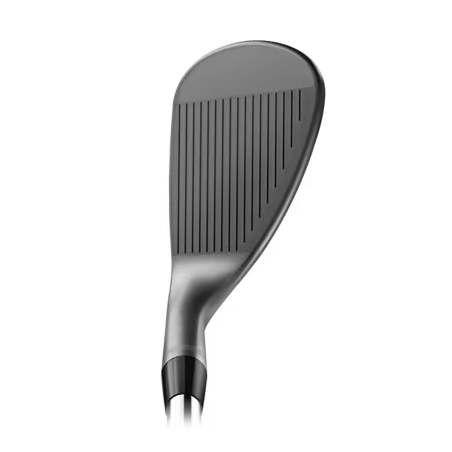 Close-up of a men's golf wedge club head with a silver, grooved face on white background