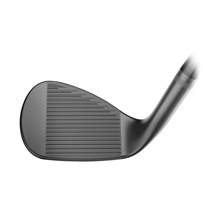 Close-up of black steel golf club head for men, showcasing grooves and sleek design