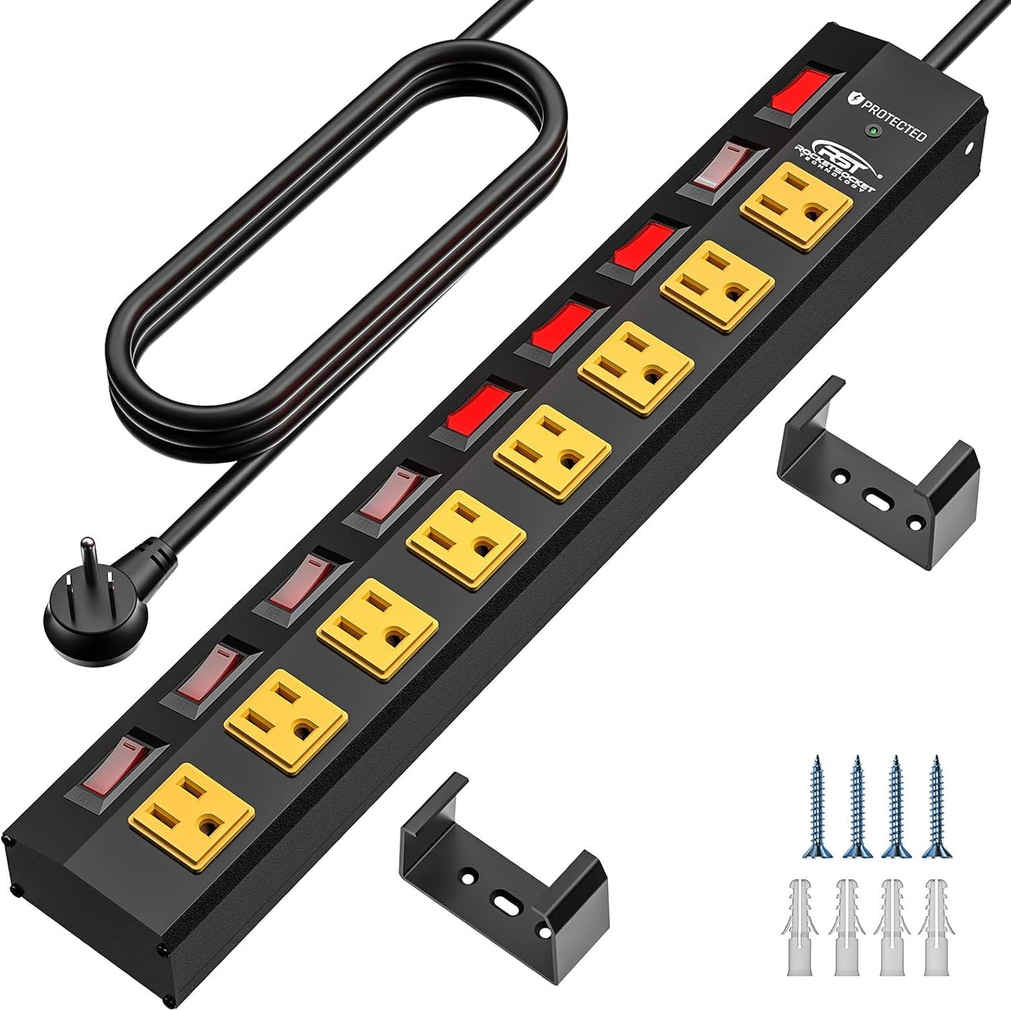 CRST 8 Outlet Heavy duty Mountable Metal Surge Protector Power Strip with Individual Switches, 15A Circuit Breaker 1200 Joules Protection 6FT Extension Cord and Mountable Kits Included - Mann