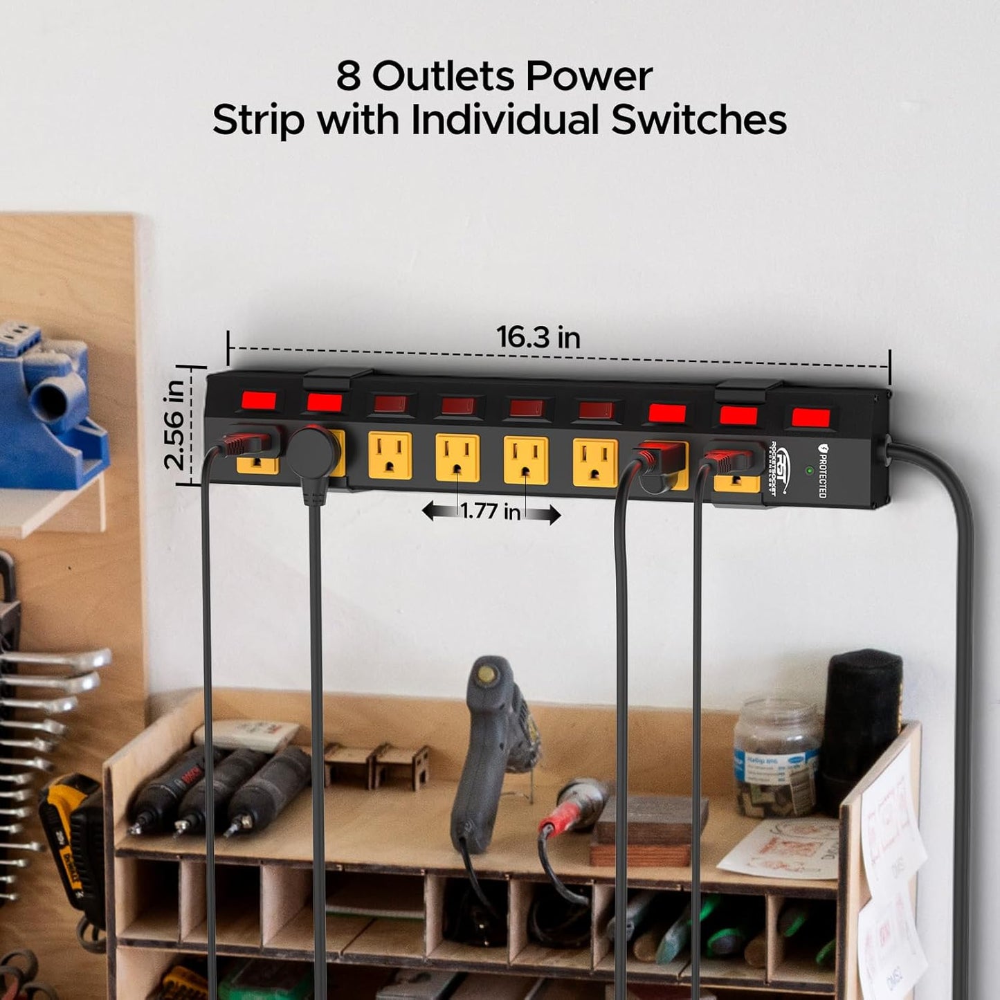 CRST 8 Outlet Heavy duty Mountable Metal Surge Protector Power Strip with Individual Switches, 15A Circuit Breaker 1200 Joules Protection 6FT Extension Cord and Mountable Kits Included - Mann
