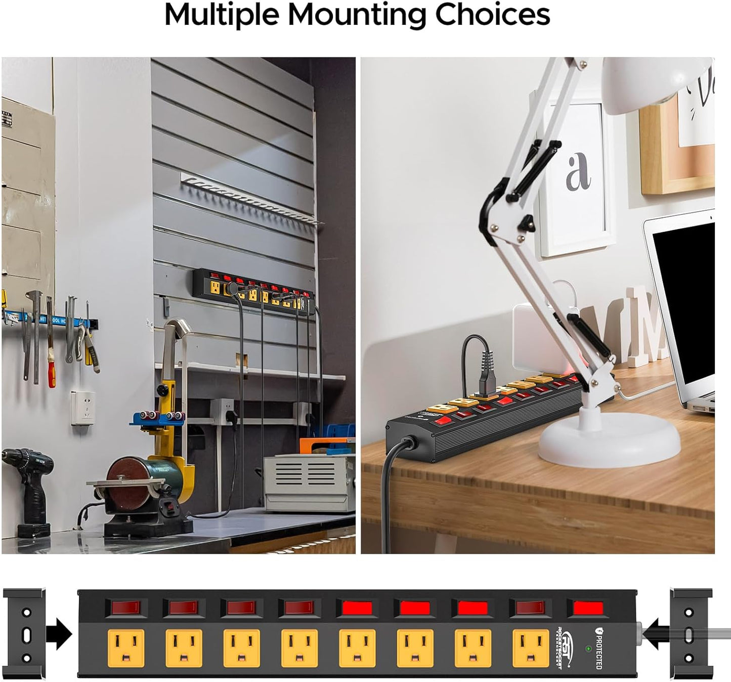 CRST 8 Outlet Heavy duty Mountable Metal Surge Protector Power Strip with Individual Switches, 15A Circuit Breaker 1200 Joules Protection 6FT Extension Cord and Mountable Kits Included - Mann