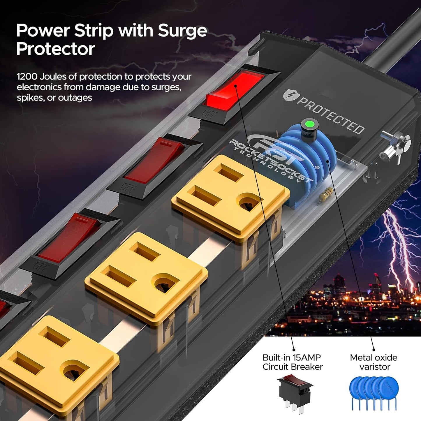CRST 8 Outlet Heavy duty Mountable Metal Surge Protector Power Strip with Individual Switches, 15A Circuit Breaker 1200 Joules Protection 6FT Extension Cord and Mountable Kits Included - Mann