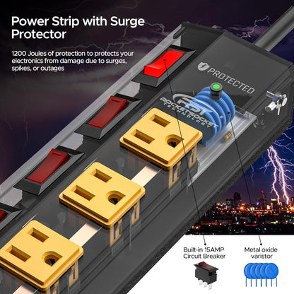 CRST 8 Outlet Heavy duty Mountable Metal Surge Protector Power Strip with Individual Switches, 15A Circuit Breaker 1200 Joules Protection 6FT Extension Cord and Mountable Kits Included - Mann