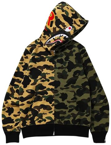 Size M BAPE 1st Camo Half Shark Full Zip Hoodie Green Yellow - Mann