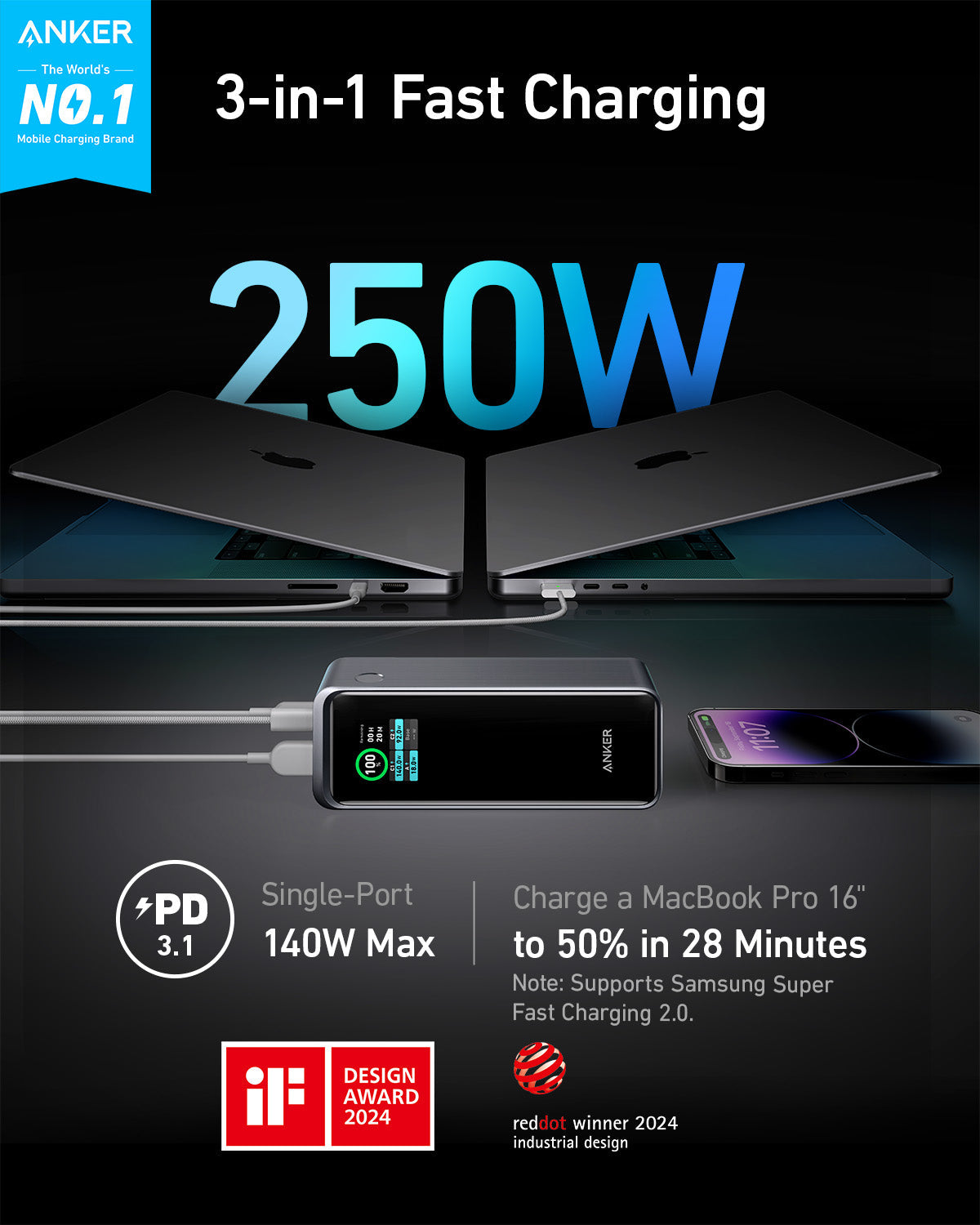 Anker Prime 27,650mAh Power Bank (250W) and 100W Charging Base - Mann