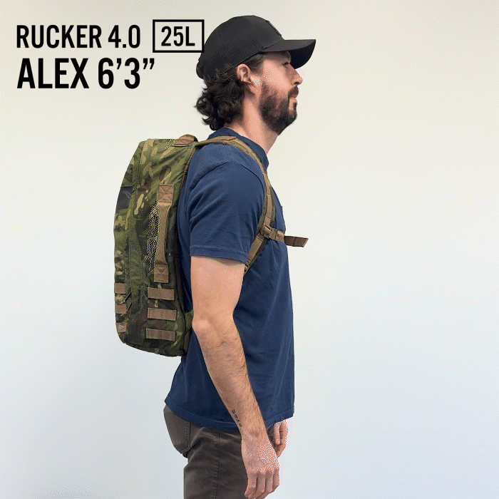 Side view of man wearing camo Rucker 4.0 25L backpack, model height 6’3, lifestyle gear for men