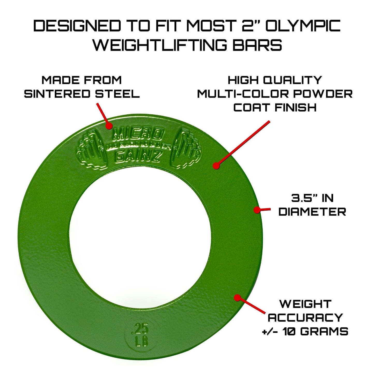 Micro Gainz Olympic Size Fractional Weight Plates Pair of Green .25LB Plates
