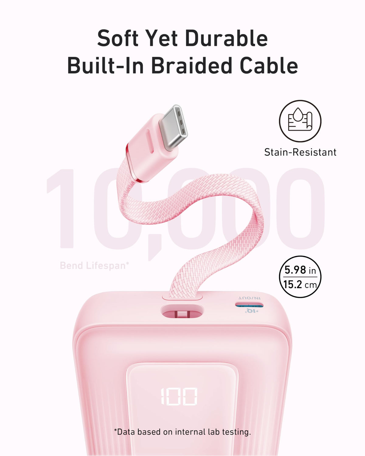 Anker Zolo Power Bank (10K, 30W) with a 5.4-inch (13.7 cm) built-in USB-C cable. - Mann
