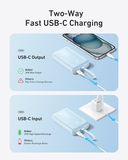 Anker Zolo Power Bank (10K, 30W) with a 5.4-inch (13.7 cm) built-in USB-C cable. - Mann