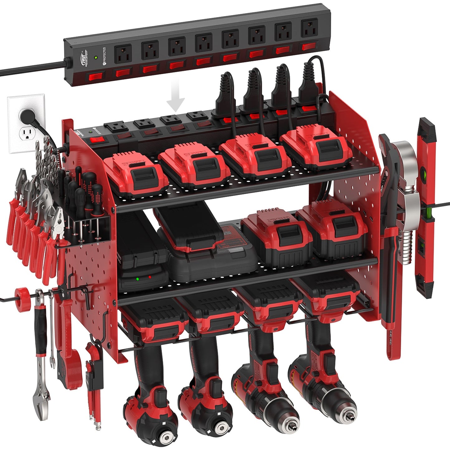 CRST 3 Layers Power Tools Organizer Wall Mount with Charging Station, Garage Tool Storage Rack Shelf with 8-Outlet Individual Switches Power Strip - Mann