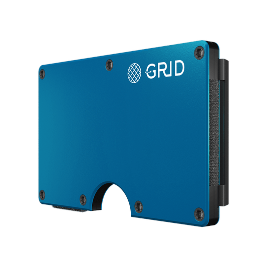 Side view of the blue aluminum, RFID blocking wallet.