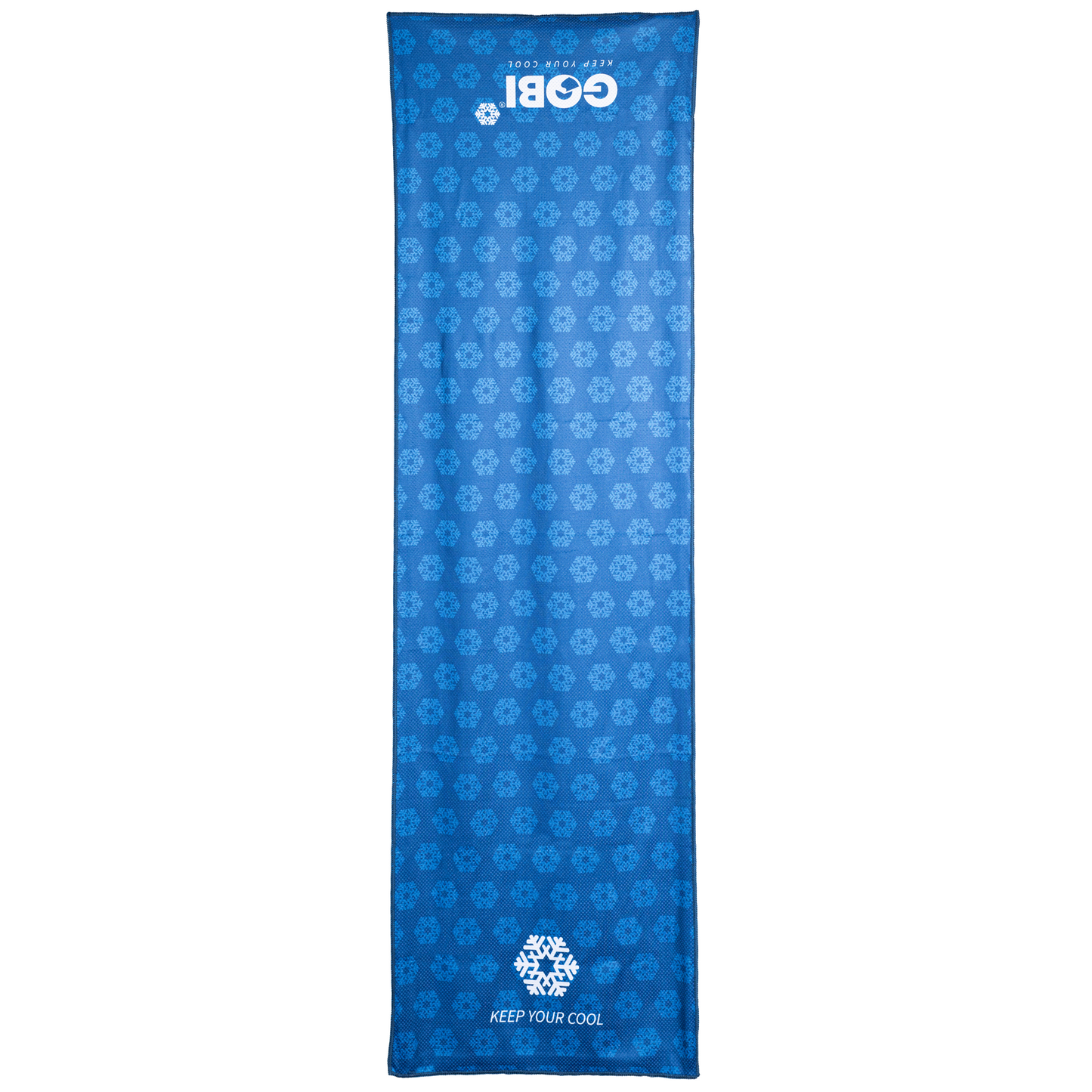 Blue cooling towel with snowflake pattern and GOBI branding on a white background