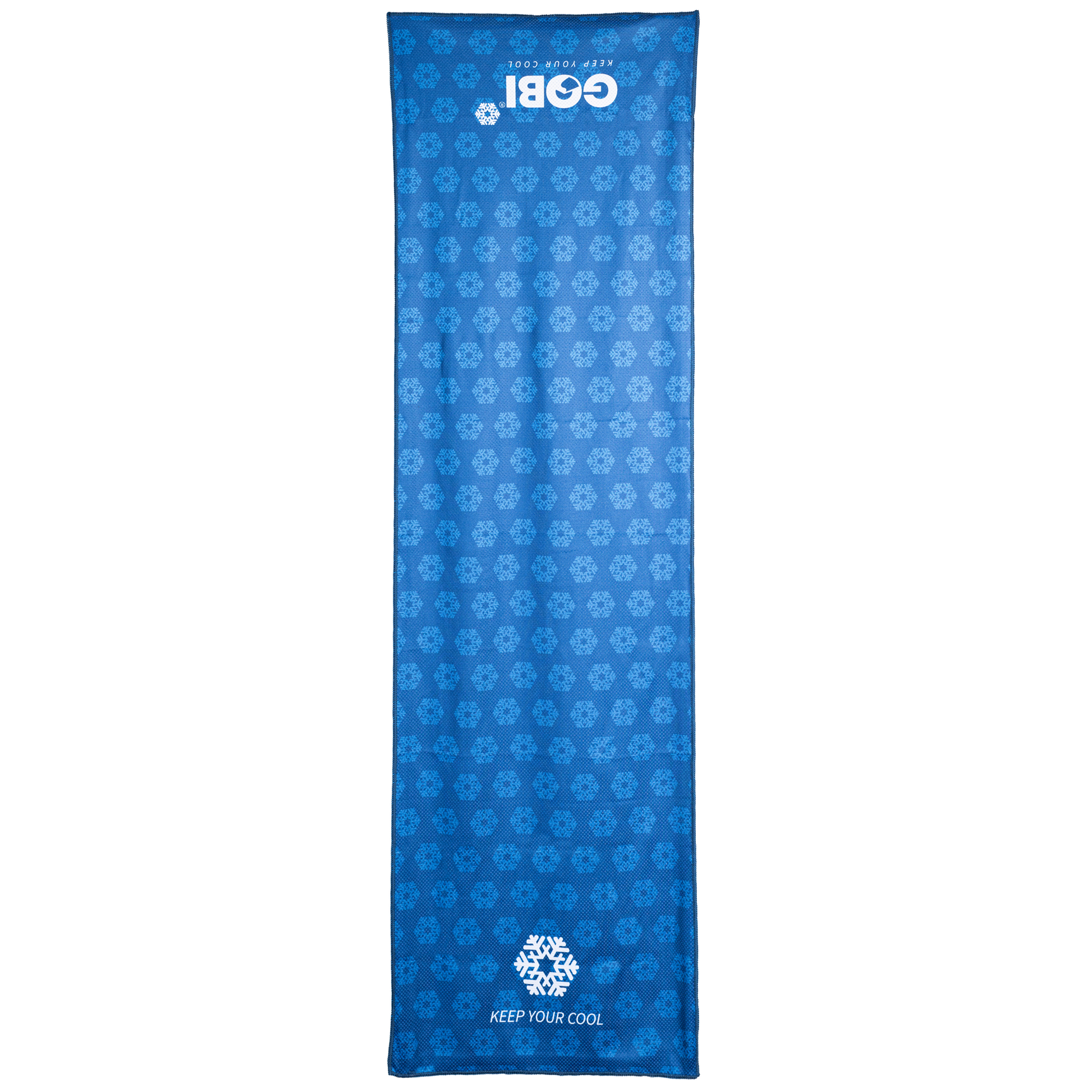 Blue cooling towel with snowflake pattern and GOBI branding on a white background