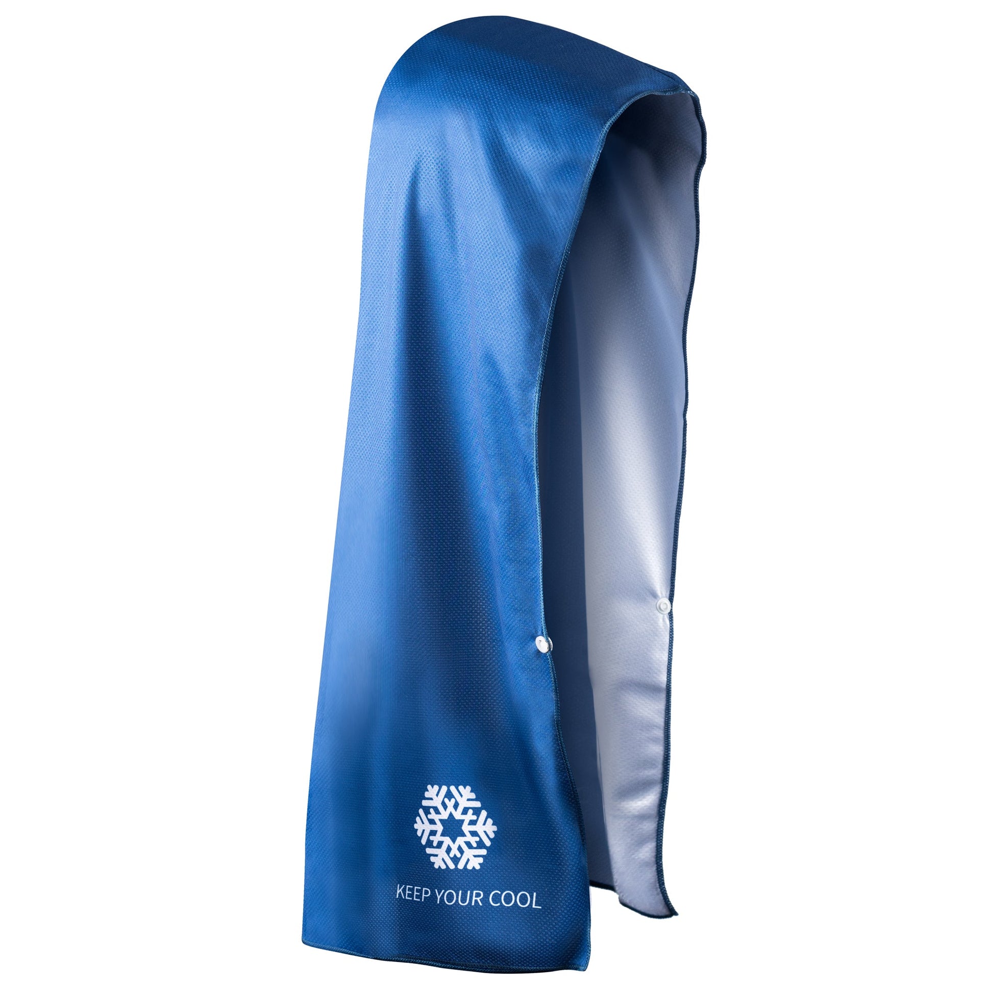 Blue raincoat with a snowflake logo and 'Keep Your Cool' text on a white background
