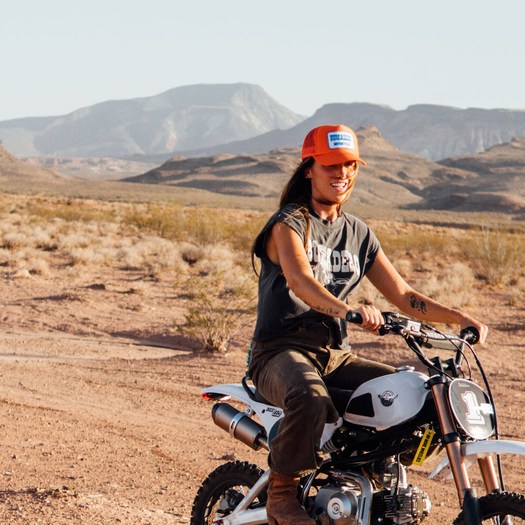 Buscadero Motorcycles 'Blue Barrel’ Foam Trucker Hat - Orange