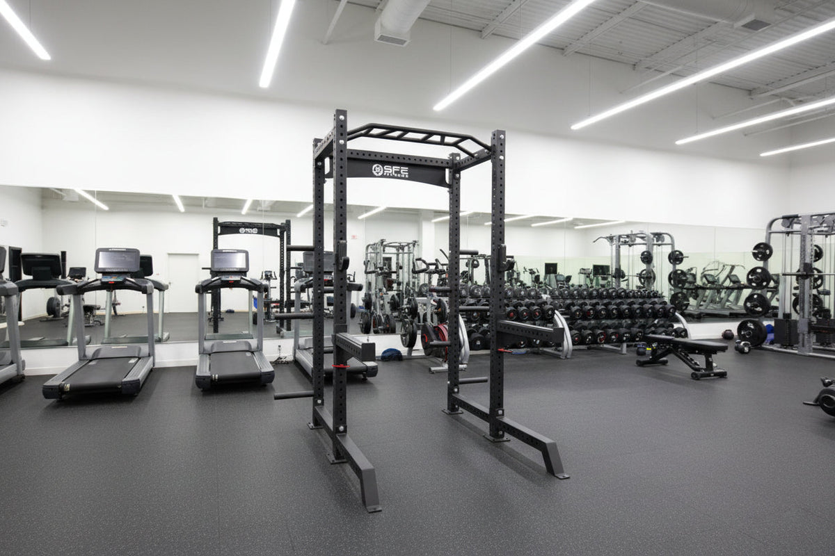 SFE Commercial Squat Rack w/ Safety Bars, J-Hooks & Weight Storage