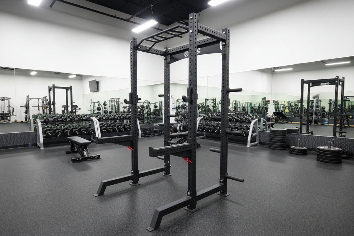 SFE Commercial Squat Rack w/ Safety Bars, J-Hooks & Weight Storage