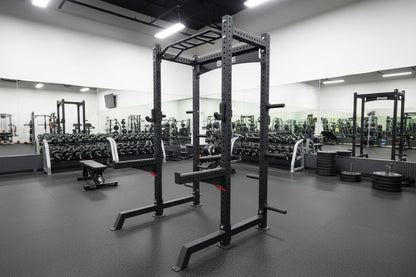 SFE Commercial Squat Rack w/ Safety Bars, J-Hooks & Weight Storage