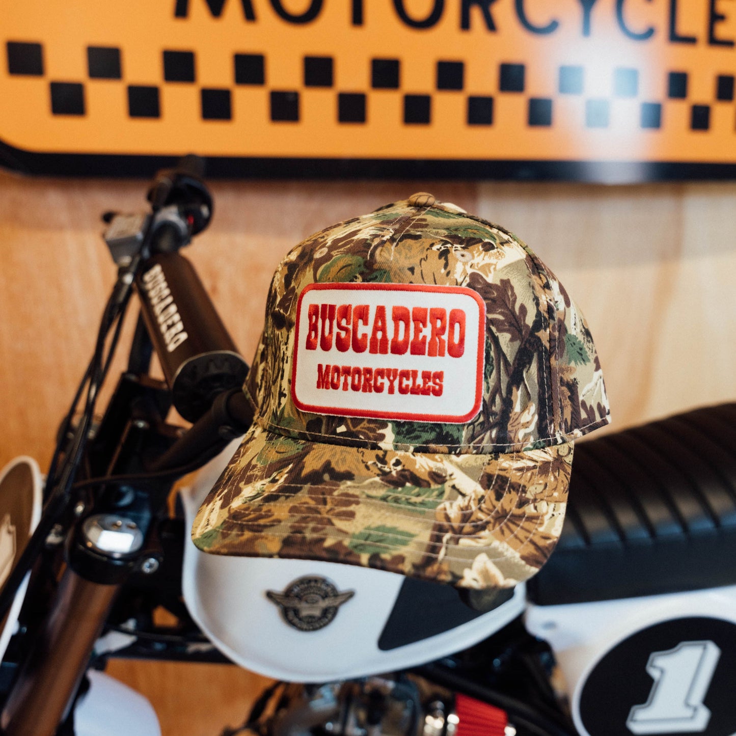 Buscadero Motorcycles 'Red Barrel' 5 Panel Mid Profile Mesh Trucker Hat - Camo