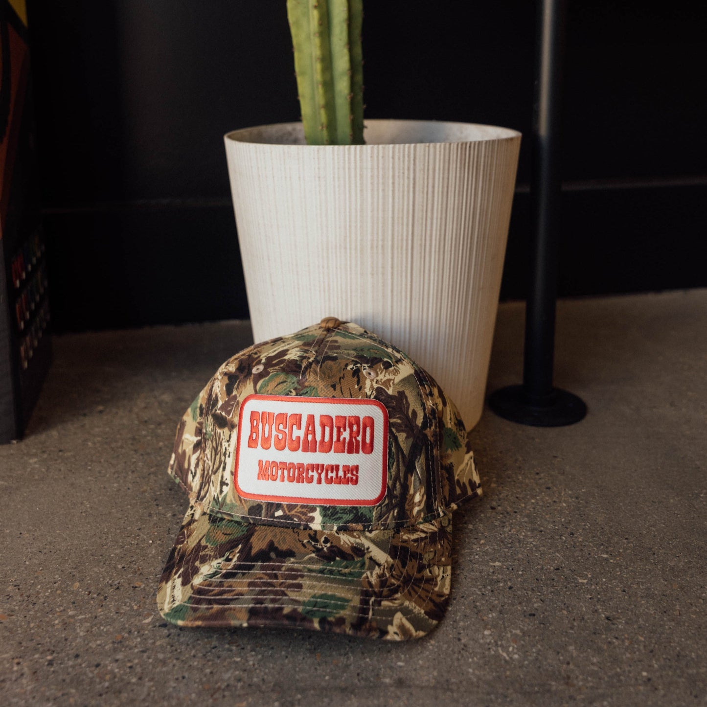 Buscadero Motorcycles 'Red Barrel' 5 Panel Mid Profile Mesh Trucker Hat - Camo