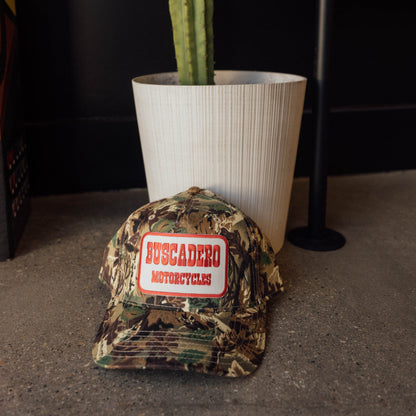 Buscadero Motorcycles 'Red Barrel' 5 Panel Mid Profile Mesh Trucker Hat - Camo