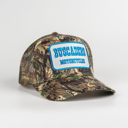 Buscadero Motorcycles 'Blue Barrel' 5 Panel Mid Profile Mesh Trucker Hat - Camo