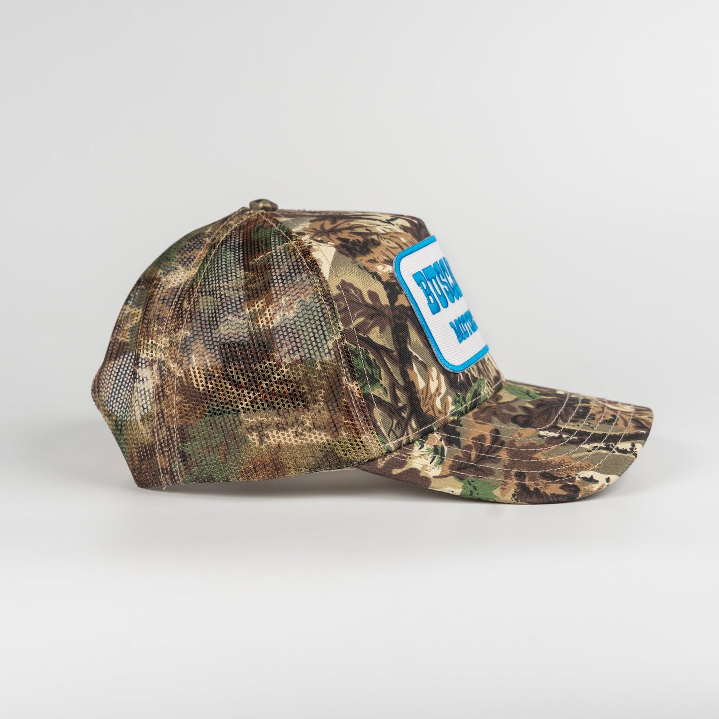 Buscadero Motorcycles 'Blue Barrel' 5 Panel Mid Profile Mesh Trucker Hat - Camo