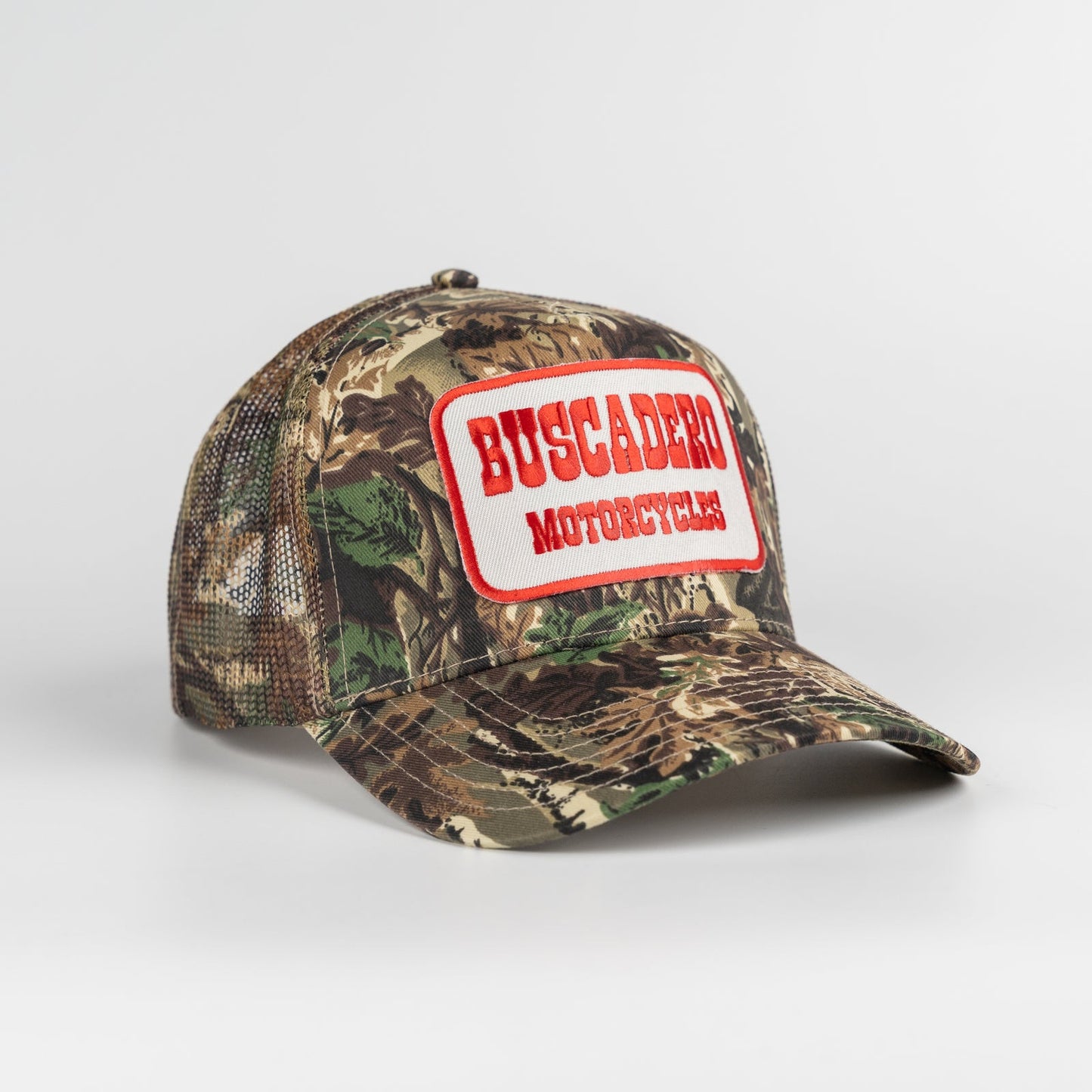 Buscadero Motorcycles 'Red Barrel' 5 Panel Mid Profile Mesh Trucker Hat - Camo