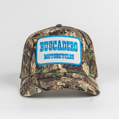 Buscadero Motorcycles 'Blue Barrel' 5 Panel Mid Profile Mesh Trucker Hat - Camo