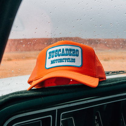 Buscadero Motorcycles 'Blue Barrel’ Foam Trucker Hat - Orange